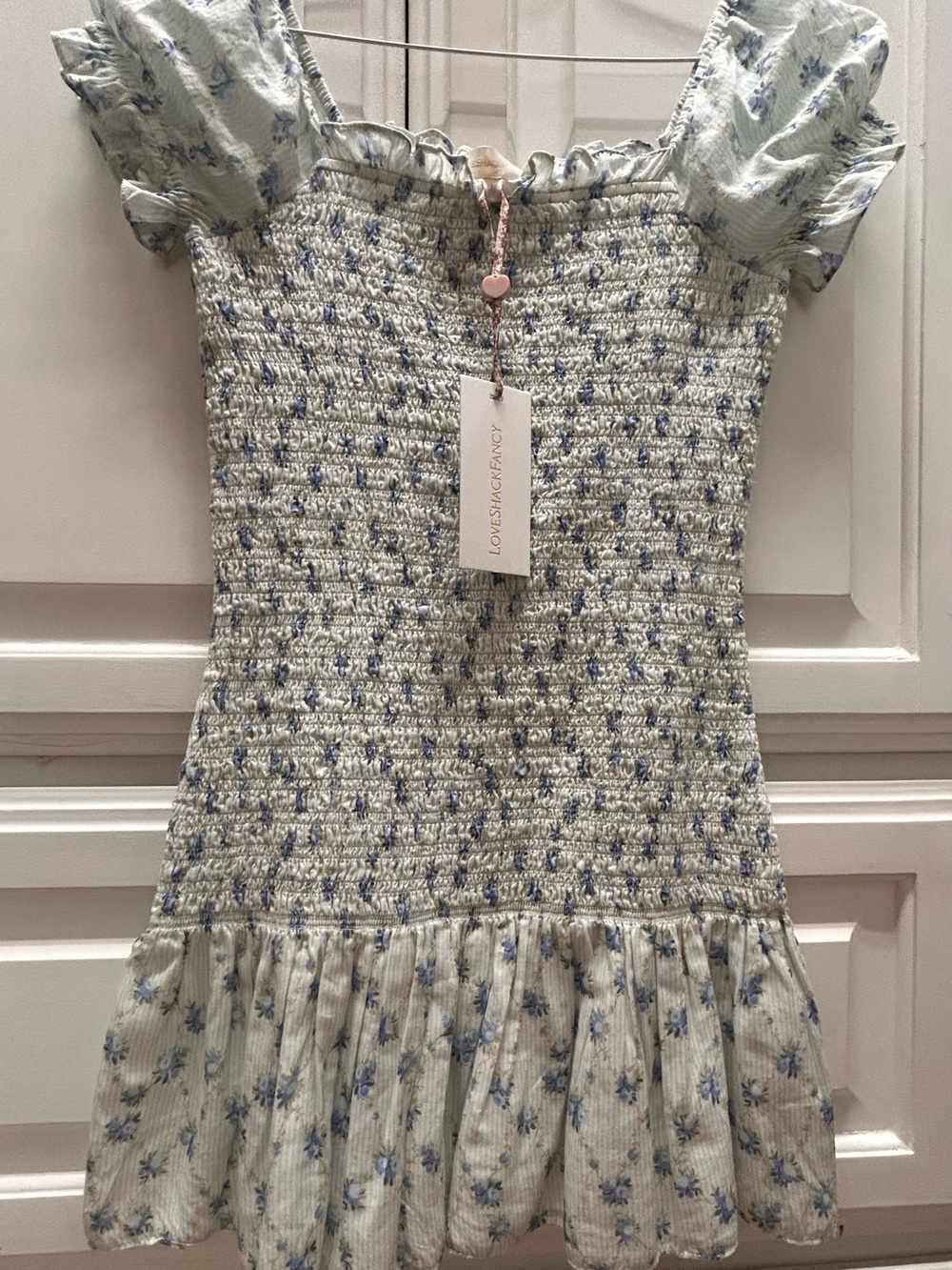 LoveShackFancy Cream and Blue Smocked Floral Kids Dress